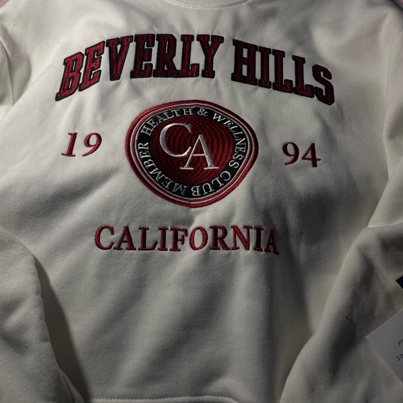 Better Together Sweaters - White Sweatshirt with Red Beverly Hills Embroidery
